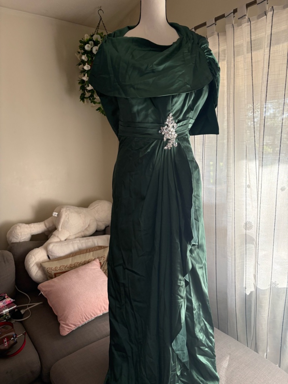 Emerald Green Satin Maxi Dress with Rhinestone Brooch
